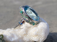 14k gold c.1920's Art Deco filigree aquamarine, emerald & enamel ring