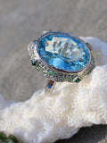 14k gold c.1920's Art Deco filigree aquamarine, emerald & enamel ring