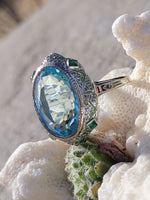 14k gold c.1920's Art Deco filigree aquamarine, emerald & enamel ring