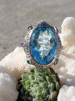 14k gold c.1920's Art Deco filigree aquamarine, emerald & enamel ring