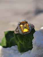 14k white gold CITRINE filigree Deco c.1920's estate ring