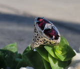 14k white gold garnet & diamond c.1920's floral filigree vintage ring