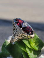 14k white gold garnet & diamond c.1920's floral filigree vintage ring