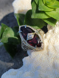 14k white gold garnet & diamond c.1920's floral filigree vintage ring