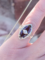 14k white gold garnet & diamond c.1920's floral filigree vintage ring