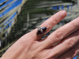 14k white gold garnet & diamond c.1920's floral filigree vintage ring