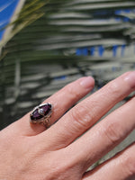 14k white gold garnet & diamond c.1920's floral filigree vintage ring