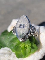 14k white gold c.1920's filigree Deco diamond & quartz ring