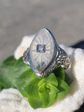 14k white gold c.1920's filigree Deco diamond & quartz ring