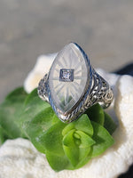 14k white gold c.1920's filigree Deco diamond & quartz ring