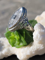 14k white gold c.1920's filigree Deco diamond & quartz ring