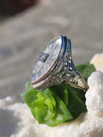 14k white gold c.1920's filigree Deco diamond & quartz ring