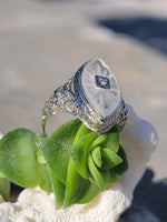 14k white gold c.1920's filigree Deco diamond & quartz ring