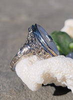 14k white gold c.1920's filigree Deco diamond & quartz ring