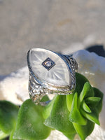 14k white gold c.1920's filigree Deco diamond & quartz ring