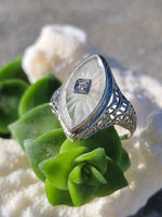 14k white gold c.1920's filigree Deco diamond & quartz ring