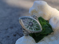 14k white gold c.1920's filigree Deco diamond & quartz ring