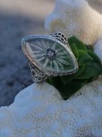 14k white gold c.1920's filigree Deco diamond & quartz ring