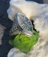 14k white gold c.1920's filigree Deco diamond & quartz ring