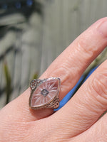 14k white gold c.1920's filigree Deco diamond & quartz ring