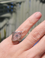 14k white gold c.1920's filigree Deco diamond & quartz ring