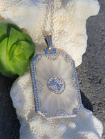 14k white gold Deco c.1920's filigree etched quartz crystal & diamond pendant necklace