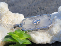 14k white gold Deco c.1920's filigree etched quartz crystal & diamond pendant necklace