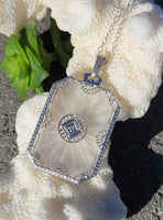 14k white gold Deco c.1920's filigree etched quartz crystal & diamond pendant necklace