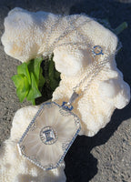 14k white gold Deco c.1920's filigree etched quartz crystal & diamond pendant necklace