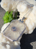 14k white gold Deco c.1920's filigree etched quartz crystal & diamond pendant necklace