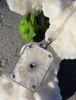 14k white gold Deco c.1920's filigree etched quartz crystal & diamond pendant necklace