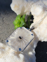 14k white gold Deco c.1920's filigree etched quartz crystal & diamond pendant necklace