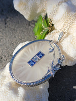 14k white gold Deco c.1920's filigree etched quartz, diamond & sapphire pendant necklace