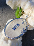 14k white gold Deco c.1920's filigree etched quartz, diamond & sapphire pendant necklace