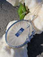 14k white gold Deco c.1920's filigree etched quartz, diamond & sapphire pendant necklace