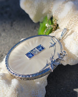 14k white gold Deco c.1920's filigree etched quartz, diamond & sapphire pendant necklace
