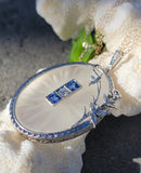 14k white gold Deco c.1920's filigree etched quartz, diamond & sapphire pendant necklace