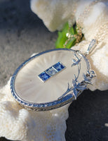 14k white gold Deco c.1920's filigree etched quartz, diamond & sapphire pendant necklace