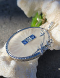 14k white gold Deco c.1920's filigree etched quartz, diamond & sapphire pendant necklace