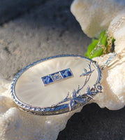 14k white gold Deco c.1920's filigree etched quartz, diamond & sapphire pendant necklace
