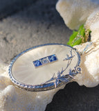 14k white gold Deco c.1920's filigree etched quartz, diamond & sapphire pendant necklace