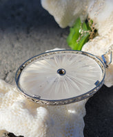 14k white gold Deco c.1920's filigree etched quartz, diamond & sapphire pendant necklace