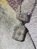 14k white gold Deco c.1920's filigree etched quartz & diamond pendant necklace