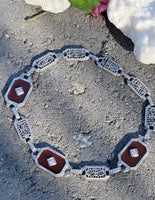 14k white gold c.1920's Art Deco filigree carnelian & diamond bracelet