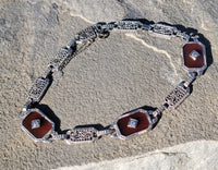 14k white gold c.1920's Art Deco filigree carnelian & diamond bracelet