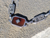 14k white gold c.1920's Art Deco filigree carnelian & diamond bracelet