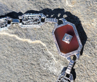 14k white gold c.1920's Art Deco filigree carnelian & diamond bracelet