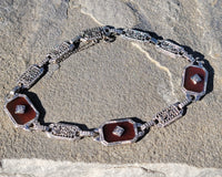 14k white gold c.1920's Art Deco filigree carnelian & diamond bracelet