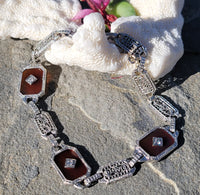 14k white gold c.1920's Art Deco filigree carnelian & diamond bracelet
