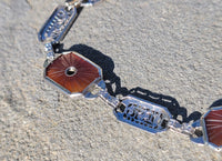 14k white gold c.1920's Art Deco filigree carnelian & diamond bracelet